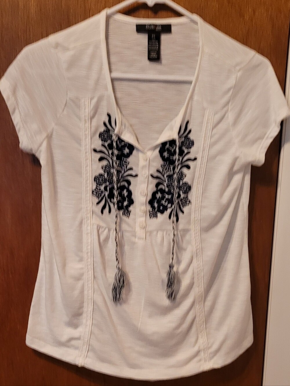 White Boho Top With Navy Embroidery Floral Design